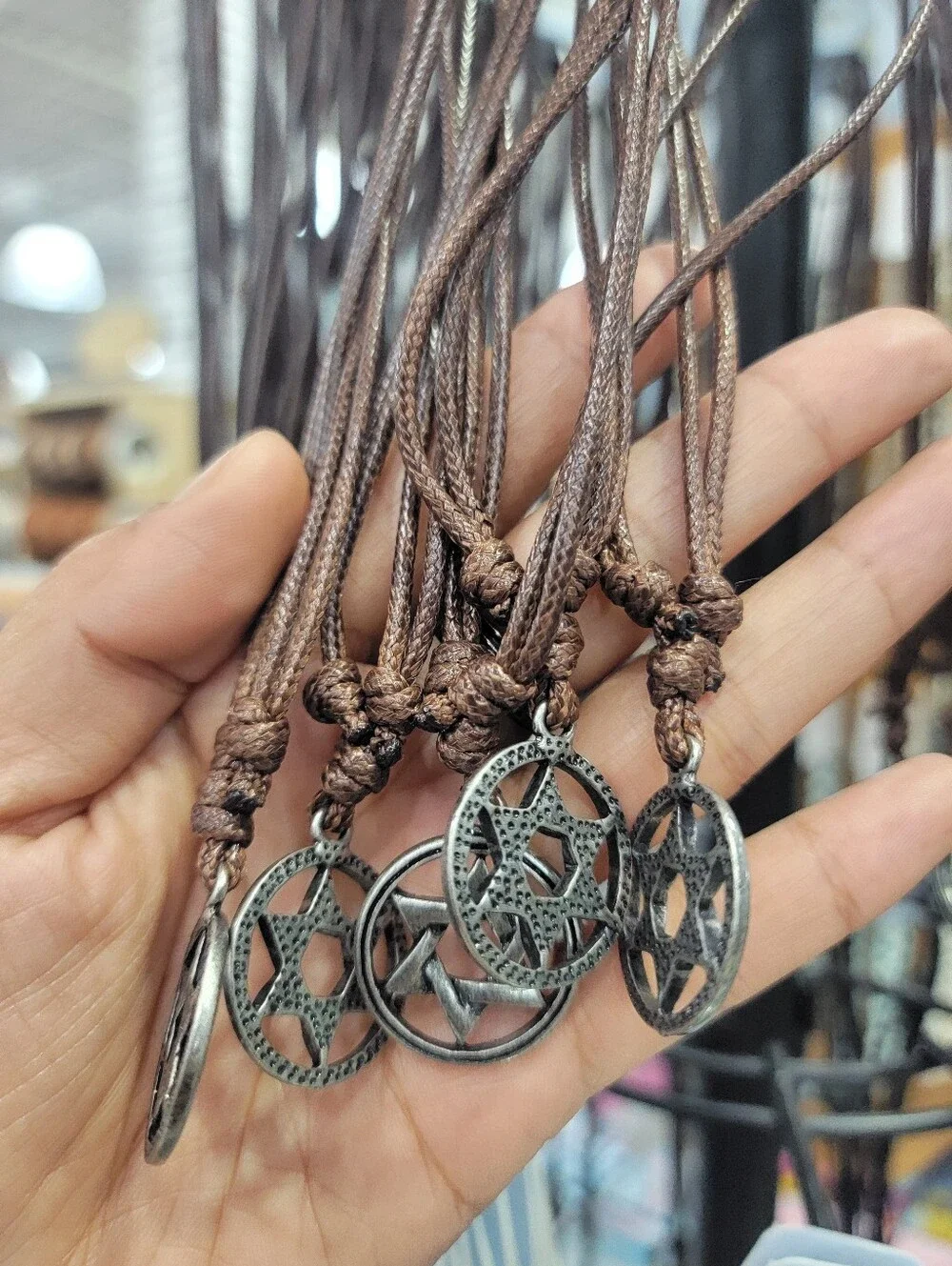 Leather Cord Necklace with Star Circle Pendant - Brown & Silver